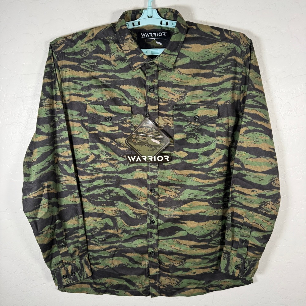 Warrior Shirt Mens Large Green Tiger Stripe Camo Long Sleeve Tactical New